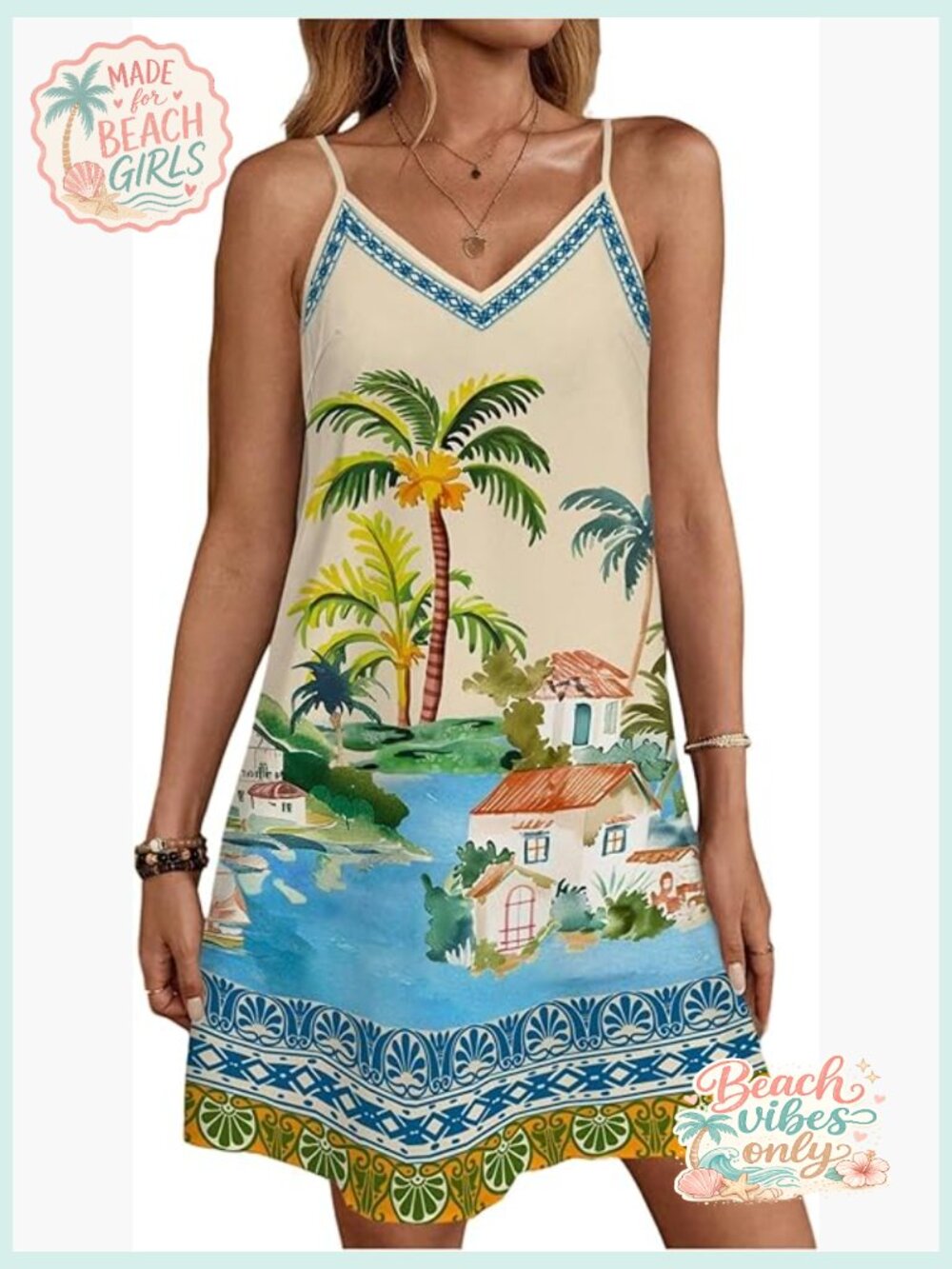 Tropical Graphic V Neck Mini Dress Boho Holiday Vacation Backless Cami